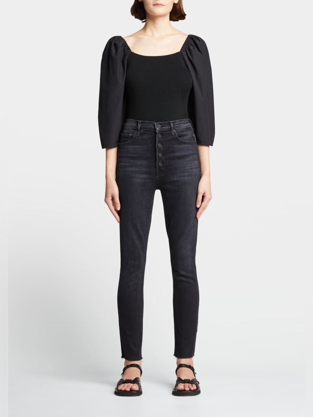 MOTHER The Pixie Swooner Ankle Fray Jeans Thunder Road Black Gray Button Fly 26